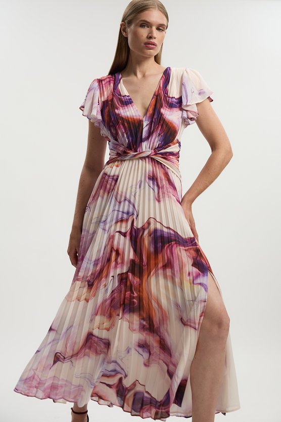 karen millen Marble Soft Pleated V Neck Woven Maxi Dress multi