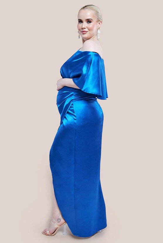 Karen Millen Maternity Satin Drape Shoulder Wrap Maxi Dress Cobalt