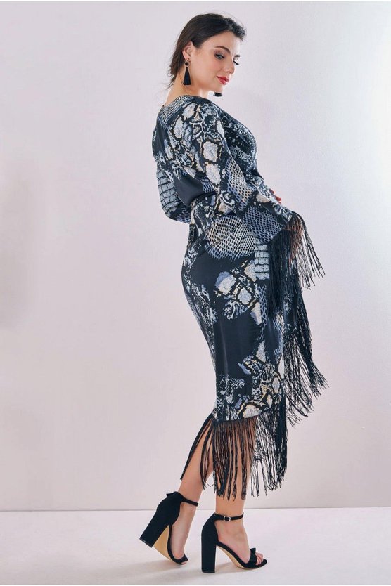 Karen Millen Maternity Tassel Foil Print Wrap Midi Black