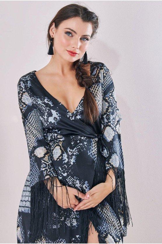 Karen Millen Maternity Tassel Foil Print Wrap Midi Black