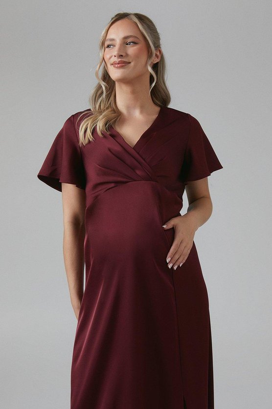 Karen Millen Maternity Wrap Top Satin Bridesmaid Maxi Dress Malbec