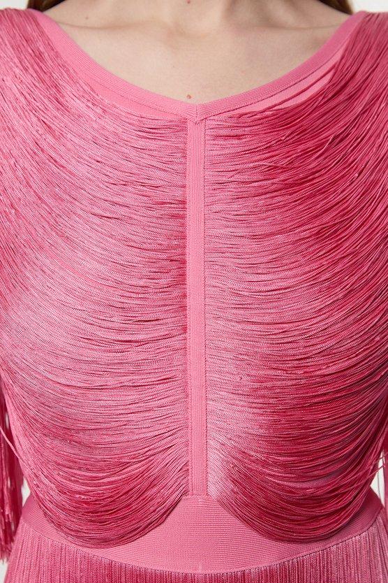 Karen Millen Maxi Draped Fringe Knitted Mini Dress Pink
