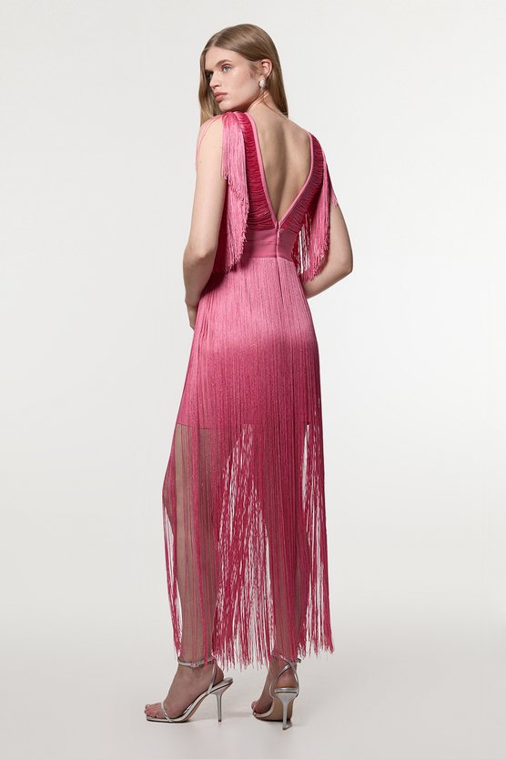 Karen Millen Maxi Draped Fringe Knitted Mini Dress Pink