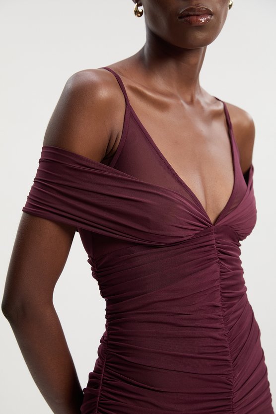 Karen Millen Mesh Plunge Strappy Detail Maxi Dress Burgundy