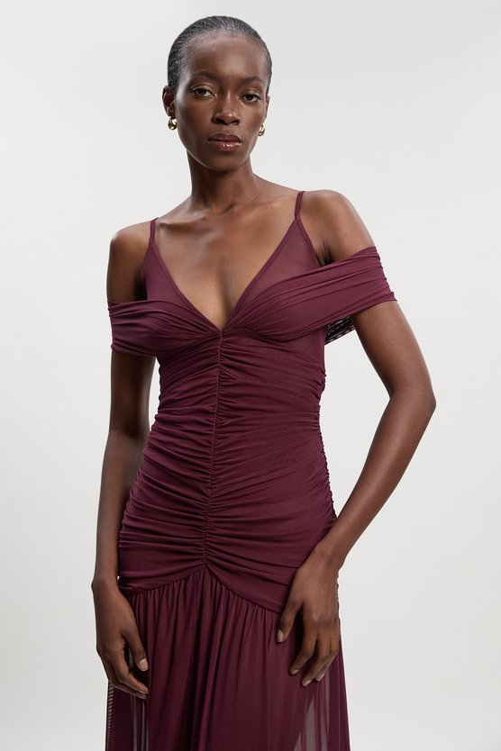 Karen Millen Mesh Plunge Strappy Detail Maxi Dress Burgundy