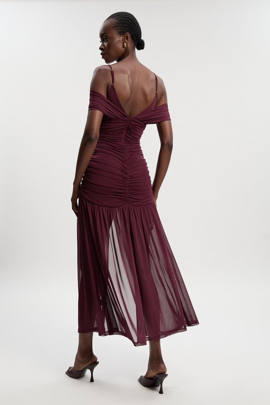 Karen Millen Mesh Plunge Strappy Detail Maxi Dress Burgundy