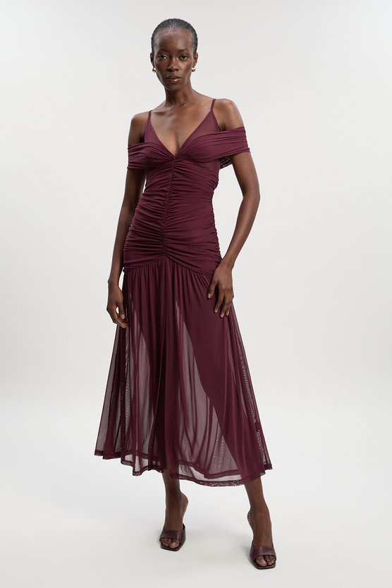 karen millen Mesh Plunge Strappy Detail Maxi Dress burgundy