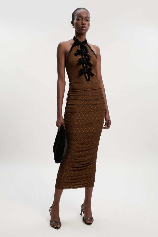 karen millen Mesh With Velvet Bow Trim Detail Halter Neck Midi Dress khaki karen millen Mesh With Velvet Bow Trim Detail Halter Neck Midi Dress khaki