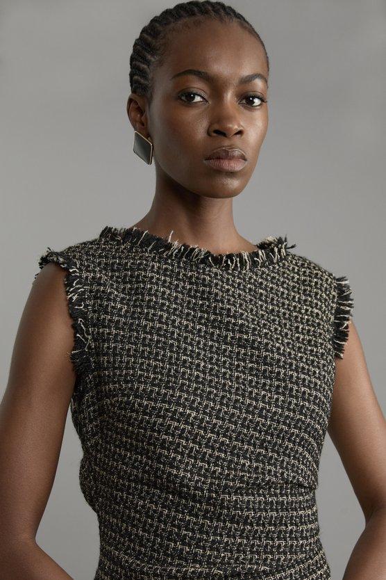 Karen Millen Metallic Boucle Tailored Ruched Midi Dress Black