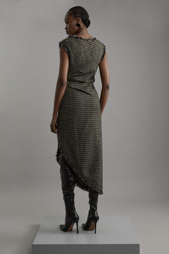 Karen Millen Metallic Boucle Tailored Ruched Midi Dress Black