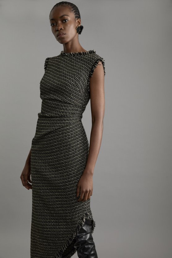 Karen Millen Metallic Boucle Tailored Ruched Midi Dress Black