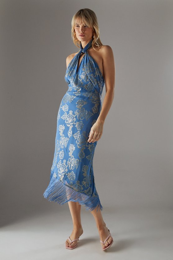 karen millen Metallic Chiffon Fringe Hem Halter Wrap Front Midi Dress blue