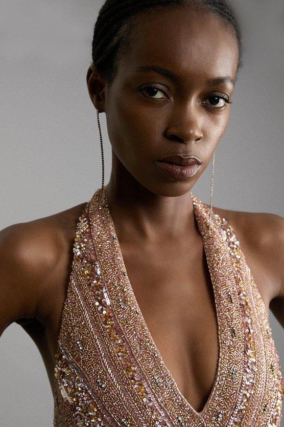 Karen Millen Metallic Embellished And Beaded Halter Maxi Dress Nude