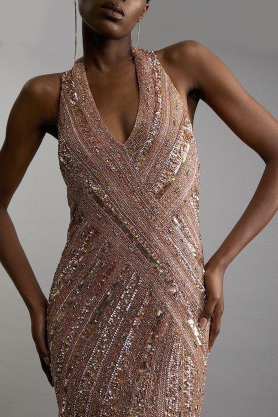 Karen Millen Metallic Embellished And Beaded Halter Maxi Dress Nude