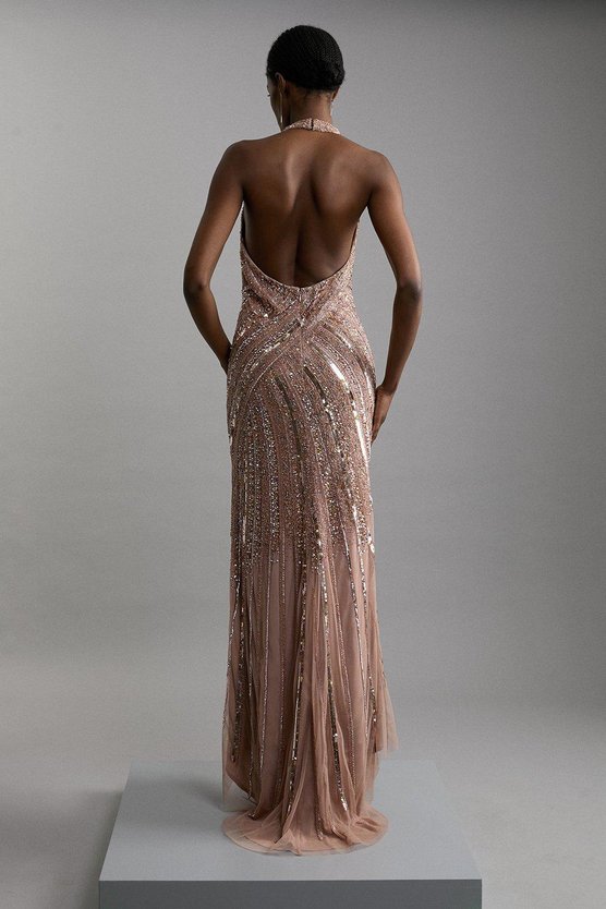 Karen Millen Metallic Embellished And Beaded Halter Maxi Dress Nude