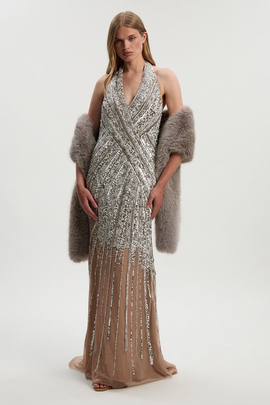 karen millen Metallic Embellished And Beaded Halter Maxi Dress nude