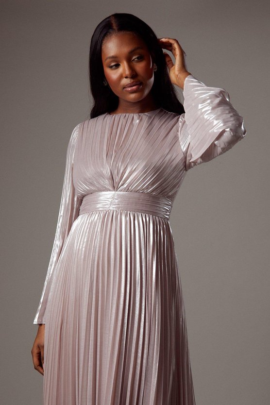 Karen Millen Metallic Pleated Maxi Dress Metallic Blush