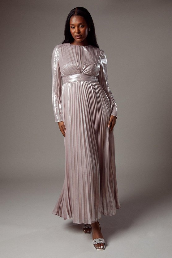 karen millen Metallic Pleated Maxi Dress metallic blush