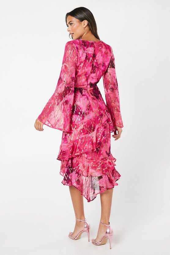 Karen Millen Metallic Spot Printed Wrap Dress With Ruffle Skirt Pink