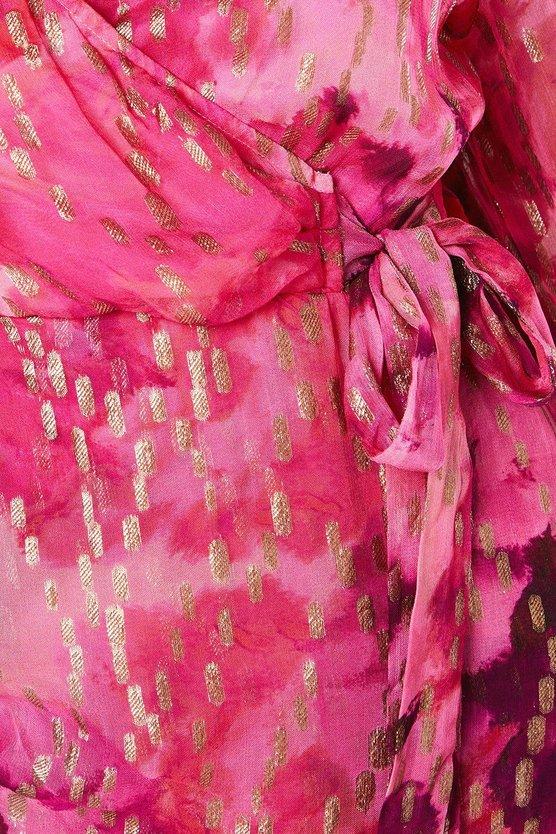 Karen Millen Metallic Spot Printed Wrap Dress With Ruffle Skirt Pink