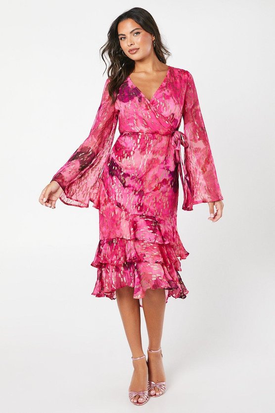 karen millen Metallic Spot Printed Wrap Dress With Ruffle Skirt pink