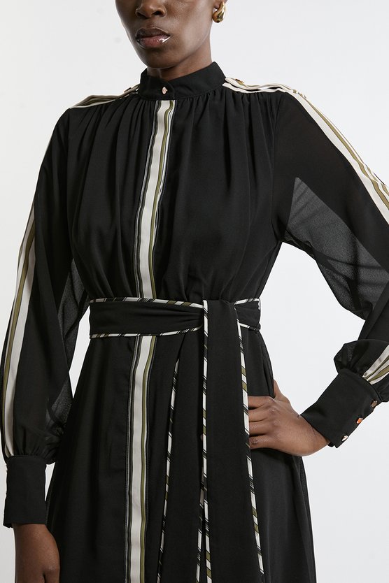 Karen Millen Military Mono Stripe Balloon Sleeve Maxi Dress Mono