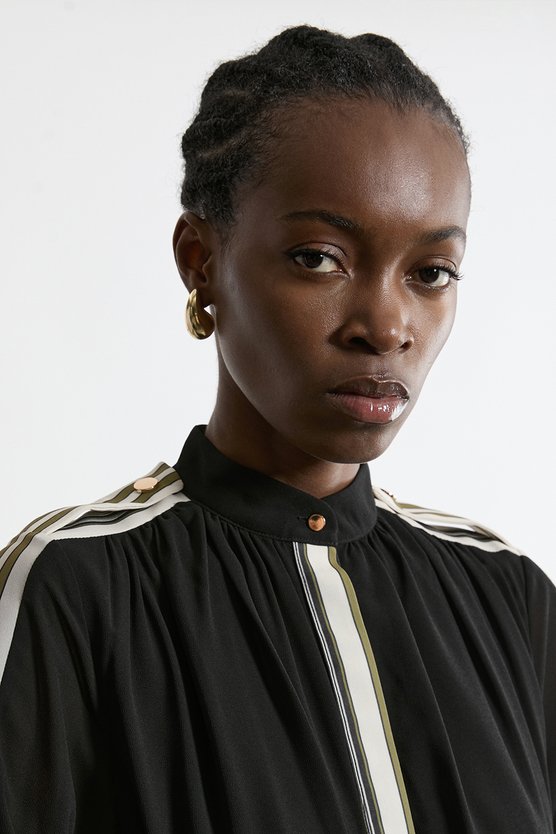 Karen Millen Military Mono Stripe Balloon Sleeve Maxi Dress Mono