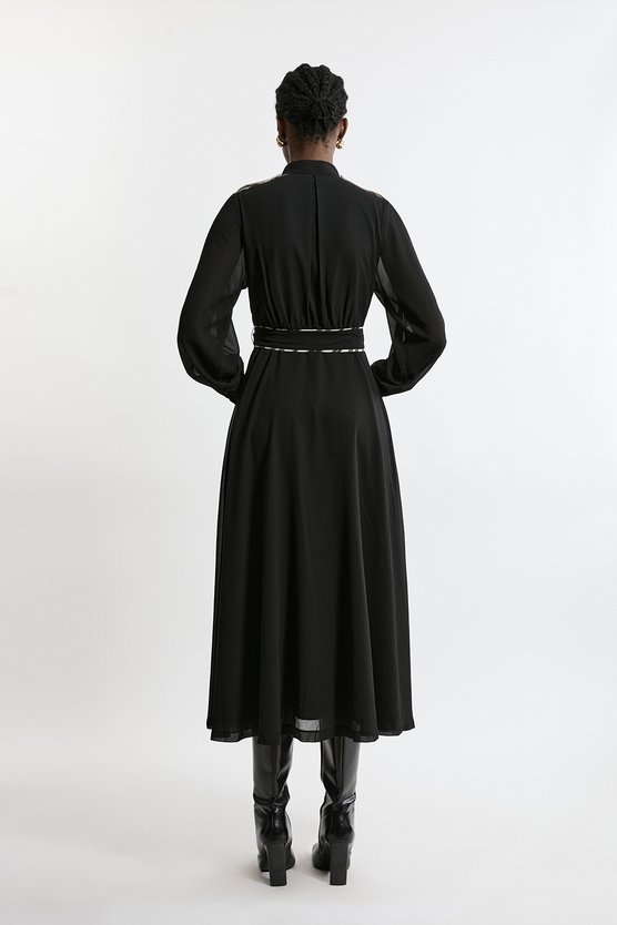 Karen Millen Military Mono Stripe Balloon Sleeve Maxi Dress Mono