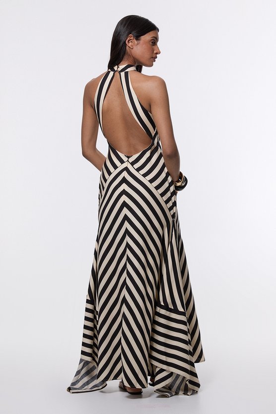 Karen Millen Mono Fluid Stripe Cotton Mix Woven Maxi Halter Dress Mono