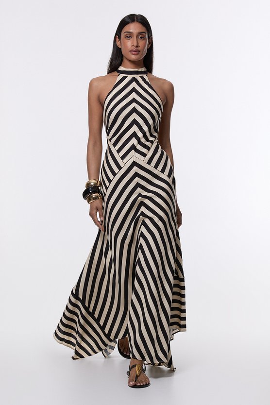 karen millen Mono Fluid Stripe Cotton Mix Woven Maxi Halter Dress mono