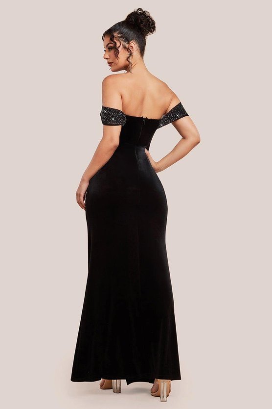 Karen Millen Off Shoulder Hotfix Diamante Wing Velvet Maxi Dress Black