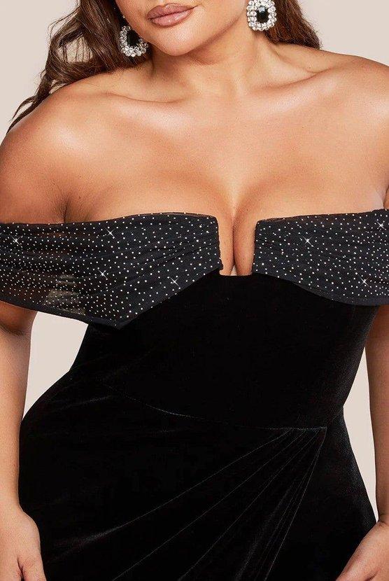Karen Millen Off Shoulder Hotfix Diamante Wing Velvet Maxi Dress Black