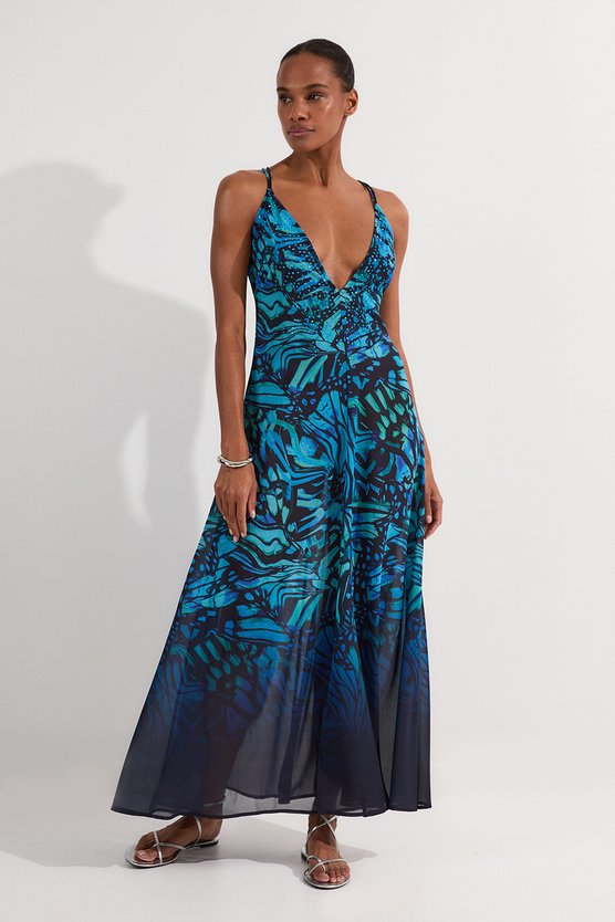 karen millen Ombre Butterfly Strappy Georgette Beach Maxi Dress turquoise