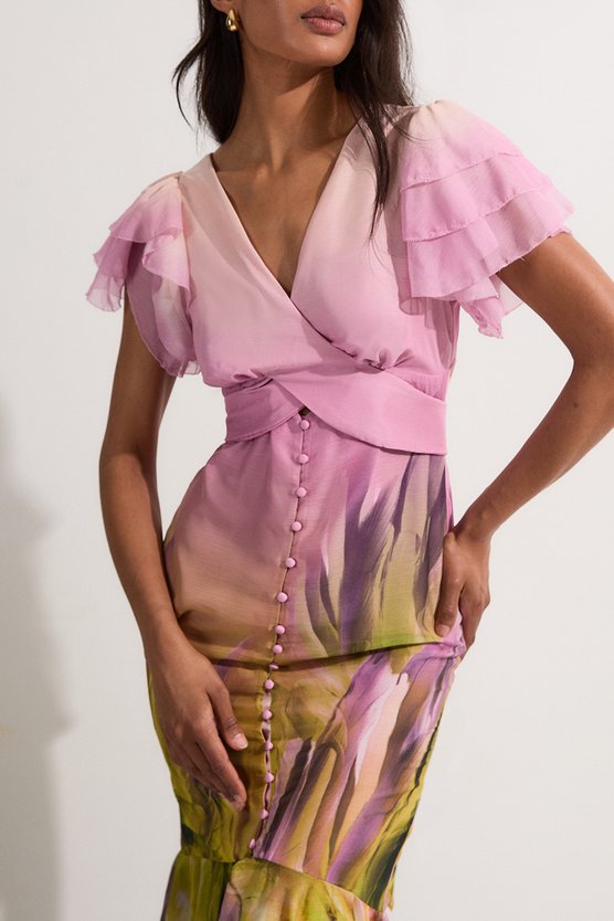 Karen Millen Ombre Floral Ruffle Sleeve Button Through Maxi Dress Lilac