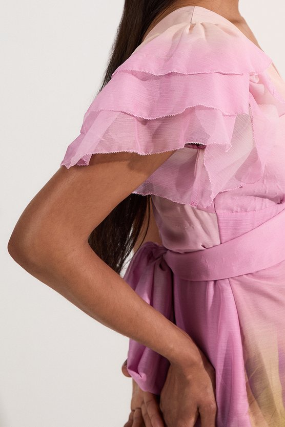 Karen Millen Ombre Floral Ruffle Sleeve Button Through Maxi Dress Lilac