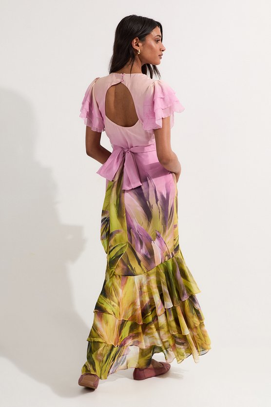 Karen Millen Ombre Floral Ruffle Sleeve Button Through Maxi Dress Lilac