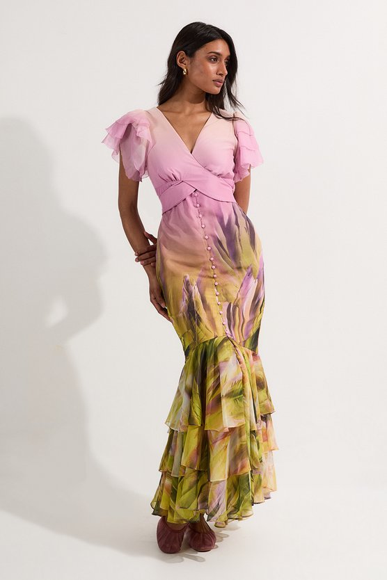 karen millen Ombre Floral Ruffle Sleeve Button Through Maxi Dress lilac