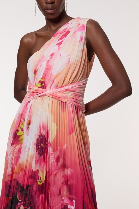 Karen Millen Ombre Floral Soft Pleated One Shoulder Maxi Dress Purple