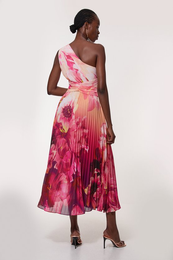 Karen Millen Ombre Floral Soft Pleated One Shoulder Maxi Dress Purple