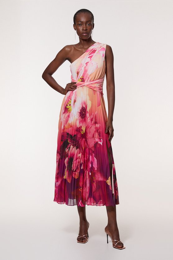 karen millen Ombre Floral Soft Pleated One Shoulder Maxi Dress purple