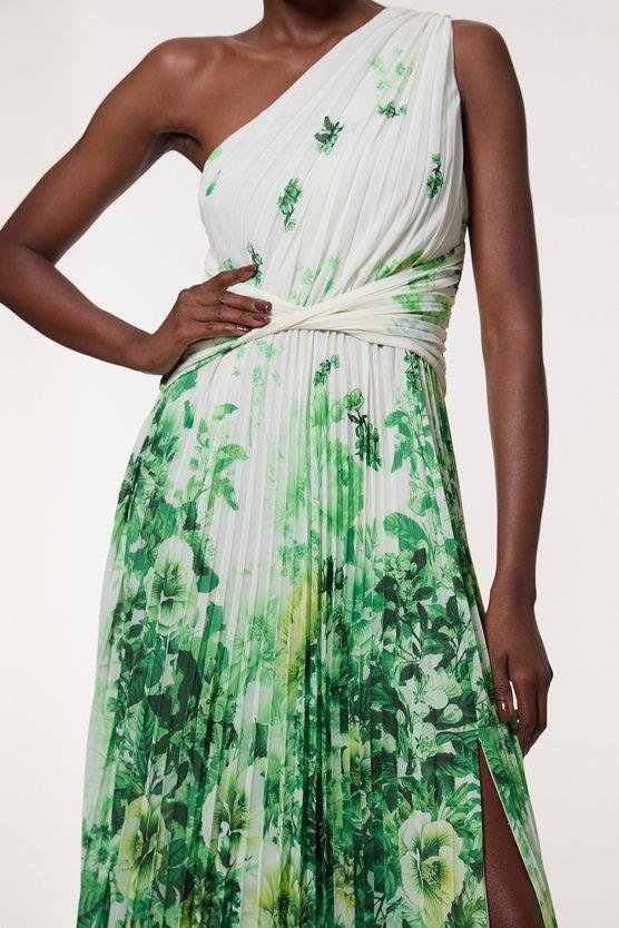 Karen Millen Ombre Floral Soft Pleated One Shoulder Woven Maxi Dress Green