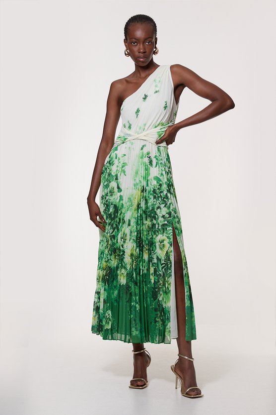 karen millen Ombre Floral Soft Pleated One Shoulder Woven Maxi Dress green