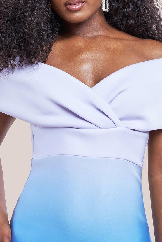 Karen Millen Ombre Front Wrap Bardot Midi Dress Light Blue