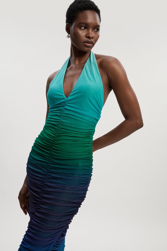 Karen Millen Ombre Mesh Plunge Halter Neck Midi Dress Green