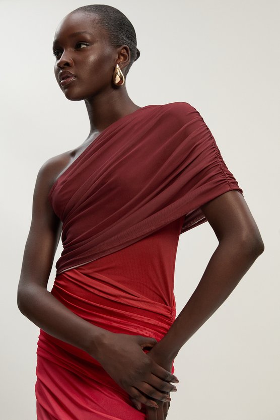 Karen Millen Ombre One Shoulder Mesh Jersey Maxi Dress Red