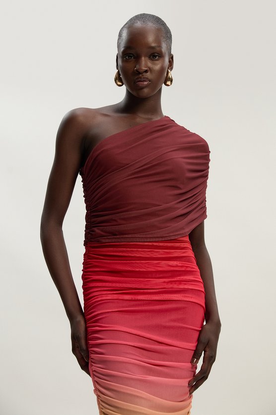 Karen Millen Ombre One Shoulder Mesh Jersey Maxi Dress Red