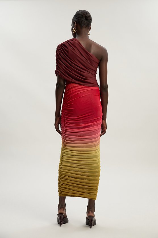 Karen Millen Ombre One Shoulder Mesh Jersey Maxi Dress Red