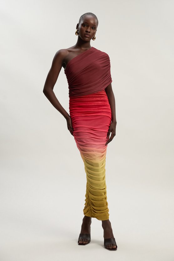 karen millen Ombre One Shoulder Mesh Jersey Maxi Dress red