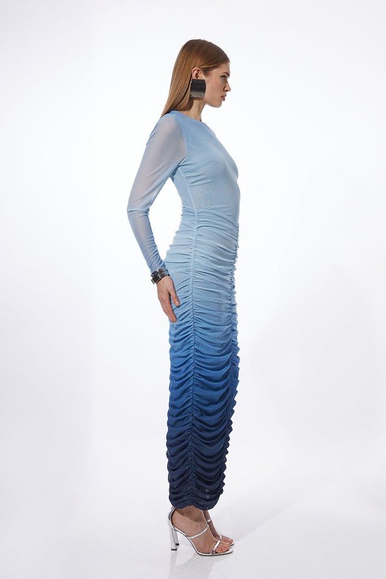 Karen Millen Ombre Printed Mesh Ruched Long Sleeve Maxi Dress Blue