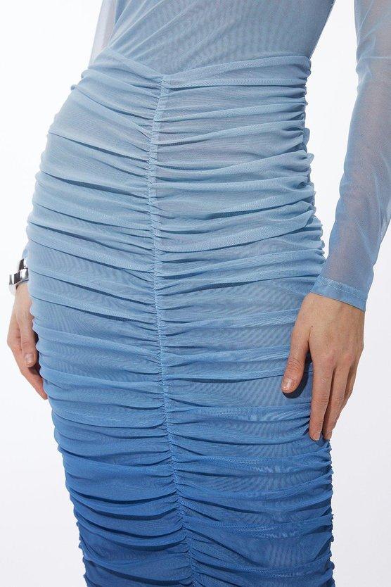 Karen Millen Ombre Printed Mesh Ruched Long Sleeve Maxi Dress Blue